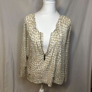 Michael Kors Tan Half Zip Brush Dotted Blouse Loose Fit Gold Long Sleeve Women